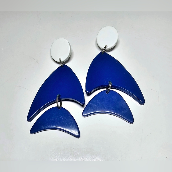 Modern abstract blue and white fish shade post dangle earrings, Nautical, aqua - Picture 5 of 6